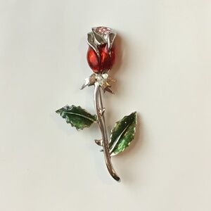 Vintage Enameled Rose Pin Flower Brooch Signed Silver Tone